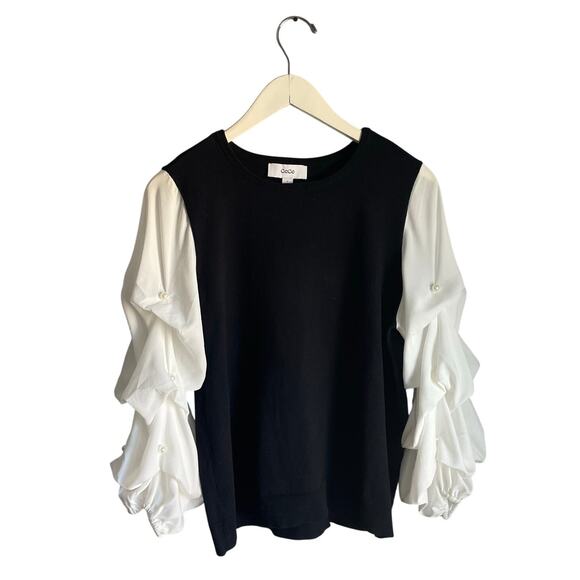 CeCe Sweaters - Cece Black White Sweater Blouse Puff Sleeves Pearl Academia Preppy Minimalist L